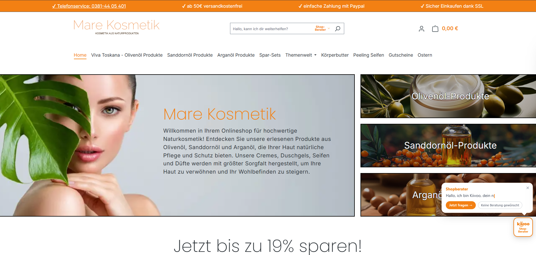 Screenshot von mare-kosmetik.de mit Kiivoo-Chat-Bubble